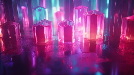 Fototapeta premium Pulsating neon hexagons rise and fall in a mesmerizing light show with vibrant color transitions. Generative AI