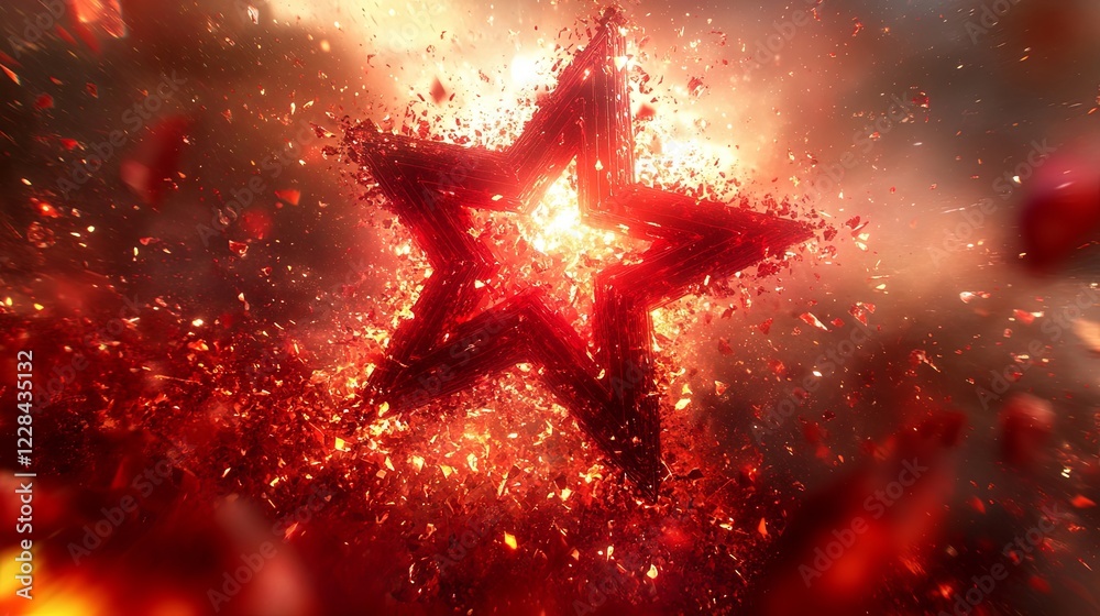 Poster spinning polygonal star breaking into pieces and reassembling into new shapes in fiery display of co