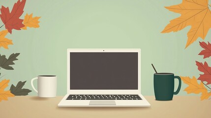 Modern home office with laptop coffee cup in realistic style