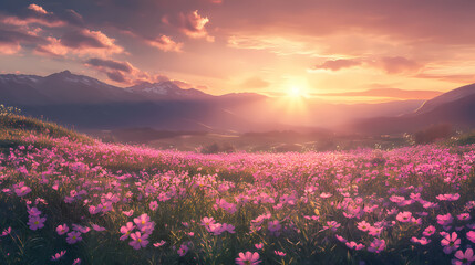 Obraz premium Captivating sunset over wildflower valley serene landscape nature scene tranquil environment scenic viewpoint picturesque summer ambience. Twilight Valley. Illustration