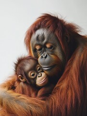 Tender moment mother and baby orangutan embracing wildlife sanctuary animal indoor close-up