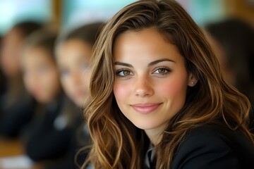 Fototapeta premium Young Caucasian businesswoman with brown wavy hair and natural makeup smiling confidently in office environment, professional corporate headshot portrait.