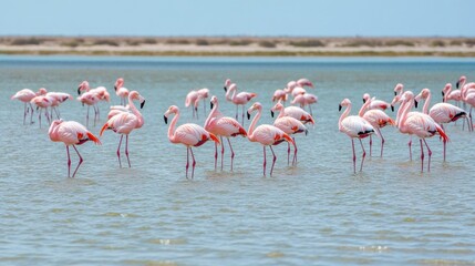 Flamingos feeding in shallow waters coastal wetland wildlife natural habitat