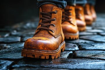 Worn Leather Boots on Cobblestone Pathway with Focused Perspective and Warm Tones, Ideal for Outdoor Adventure, Fashion, and Lifestyle Themes