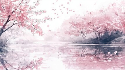 Serene Cherry Blossom Landscape with Reflections in Tranquil Water