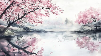 Tranquil Cherry Blossom Landscape with Reflections in Water