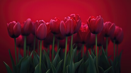 Vibrant Red Tulips with Green Leaves Against a Dark Background