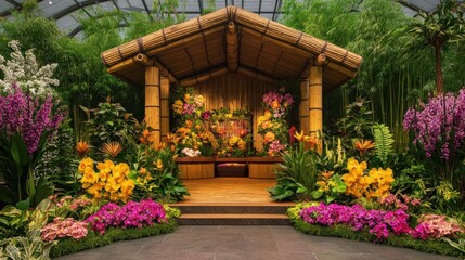 Serene Tropical Garden Oasis: A Vibrant Display of Orchids and Lush Greenery
