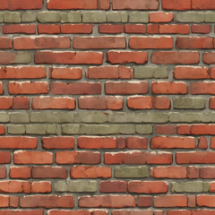 Obraz premium A rustic red brick wall with weathered textures, cracks, and subtle moss details, creating an aged and vintage aesthetic. 
