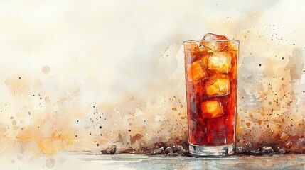 A refreshing glass of iced drink with ice cubes, depicted in watercolor style.