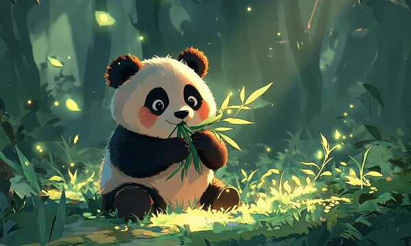 Happy Panda Eating Bamboo in Enchanted Forest
