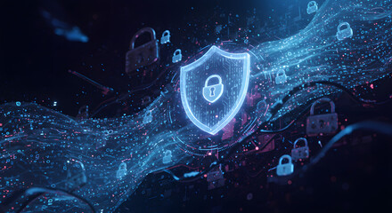 Cybersecurity concept with a 3D shield icon surrounded by binary code, digital locks, and encrypted data streams