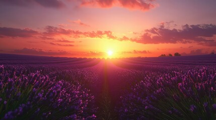 Beautiful Lavender Field at Sunset with Dramatic Sky Colors