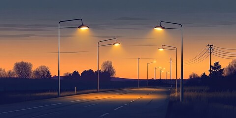 Raw style rural road with glowing lamps grayyellowblack