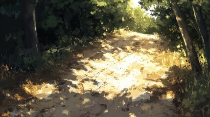 Sunlit forest path surrounded by trees, showcasing vibrant light and shadow play