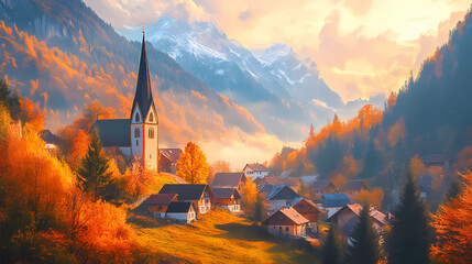Majestic alpine village nestled in autumn valley golden hour light vibrant foliage charming church spire misty mountains picturesque landscape painting style. Vibrant Spire. Illustration