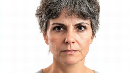 Middle-aged woman in her 50s, half-face close-up, white background, advertising dry skin care, anti-age beauty treatments, plastic surgery.