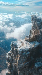 Empty Chair on Rocky Cliff Overlooking Majestic Mountain Range
