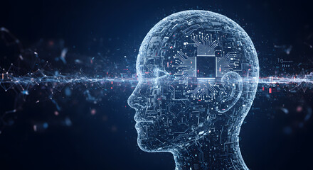 Artificial intelligence concept featuring a glowing humanoid head made of circuits and data streams
