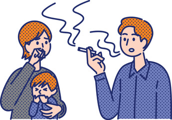 タバコを吸う男性と副流煙を浴びる家族のイラスト