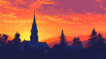 Fototapeta premium Silhouette of a church during a vibrant sunset. Vibrant Spire. Illustration