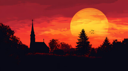 Obraz premium Silhouette of a church during a vibrant sunset. Vibrant Spire. Illustration