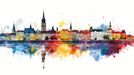 Obraz premium Vibrant abstract cityscape watercolor illustration with colorful buildings and reflections. Vibrant Spire. Illustration