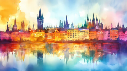Obraz premium Vibrant abstract cityscape watercolor illustration with colorful buildings and reflections. Vibrant Spire. Illustration