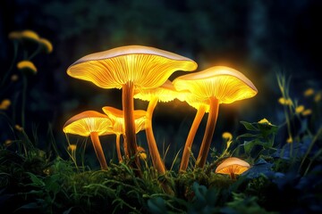 Fototapeta premium Night forest with glowing mushrooms in green yellow black