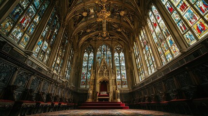 Fototapeta premium Gothic Chapel Interior with Colorful Stained Glass Windows