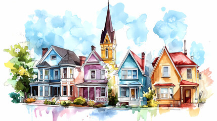 Watercolor urban sketching perspective concept. colorful row of charming houses with varied architectural styles and a steeple in the background. Vibrant Spire. Illustration