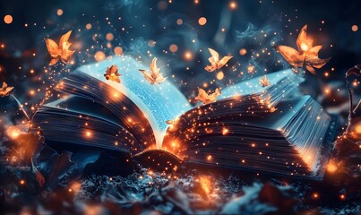 Magical book, glowing butterflies, forest, fantasy, story