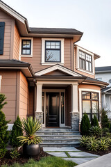 Luxury Home Exterior: Modern Architectural Design, Landscaping, and Pathway.  A stunning contemporary house with a beautiful facade and landscaping.