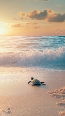 Naklejka premium Young Sea Turtle Crawling on Sandy Shore at Sunset