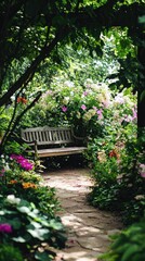 Fototapeta premium Tranquil Garden Bench Surrounded by Lush Greenery and Flowers