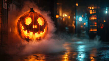 glowing jack o lantern with spooky face sits in foggy street, creating eerie Halloween atmosphere. warm light contrasts with cool mist, enhancing festive mood