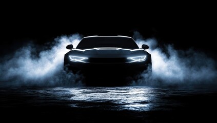 Black sports car in the dark, surrounded by smoke. The front of it is illuminated, creating an atmosphere of mystery and luxury.