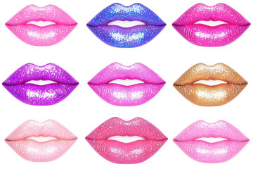 Obraz premium Vibrant glittery lips. pink, blue and gold. element set on transparent background
