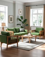Fototapeta premium Serene living space showcasing a blend of natural wood and vibrant green accents