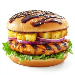 A zesty grilled pineapple and teriyaki chicken burger with a slice of red onion, lettuce, and a drizzle of teriyaki glaze on a toasted sesame bun