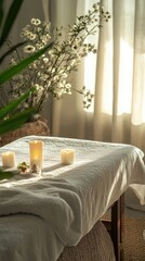 Relaxing Spa Setup with Candles and Natural Light in Tranquil Room