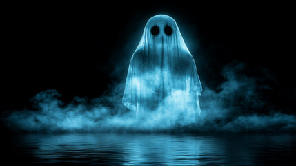 ghostly figure emerges from smoky mist under full moon, creating eerie atmosphere. haunting presence captivates with its glowing appearance