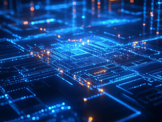 Digital network visualization with glowing blue and orange lights