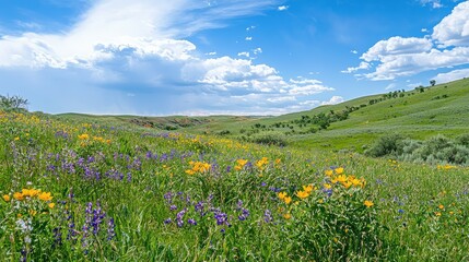 Fototapeta premium Colorful Wildflowers in Lush Green Landscape Under Bright Sky
