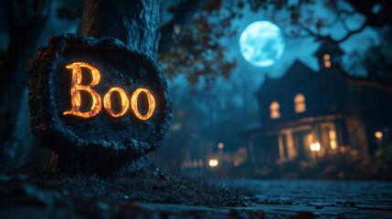 Spooky Boo sign near haunted house under full moon, creating eerie atmosphere perfect for Halloween