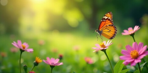 Obraz premium A butterfly flutters above a lush meadow in full bloom , seamless, butterfly, flowers