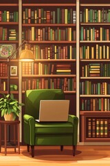 Cozy library corner with laptop books in natural colors