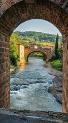 Scenic View Through Stone Arch Over Gentle River in Tuscany