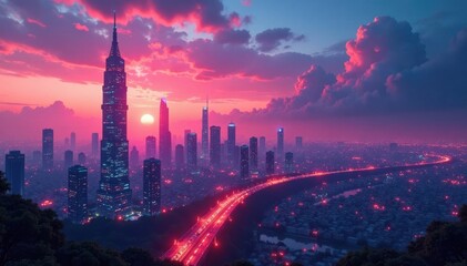 Fototapeta premium A futuristic cityscape at dusk, urban, abstract, cityscape