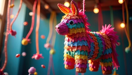 A pi?ata filled with candy hanging from the ceiling , pi?ata, decorations